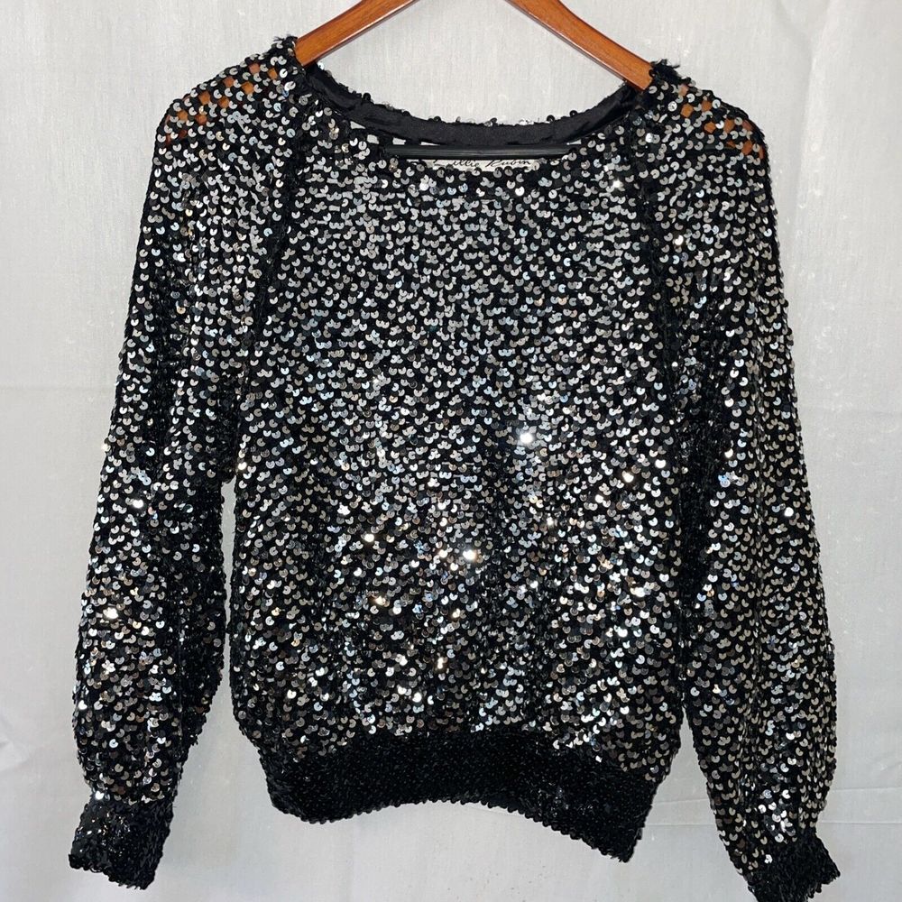 Lillie Rubin Vintage Sparkling Sequin Sweater Black Silver Elegant Size 8 EUR 36